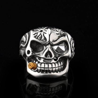 LABR Vintage Titanium Steel Cigar Skull Ring (Clear Zircon)