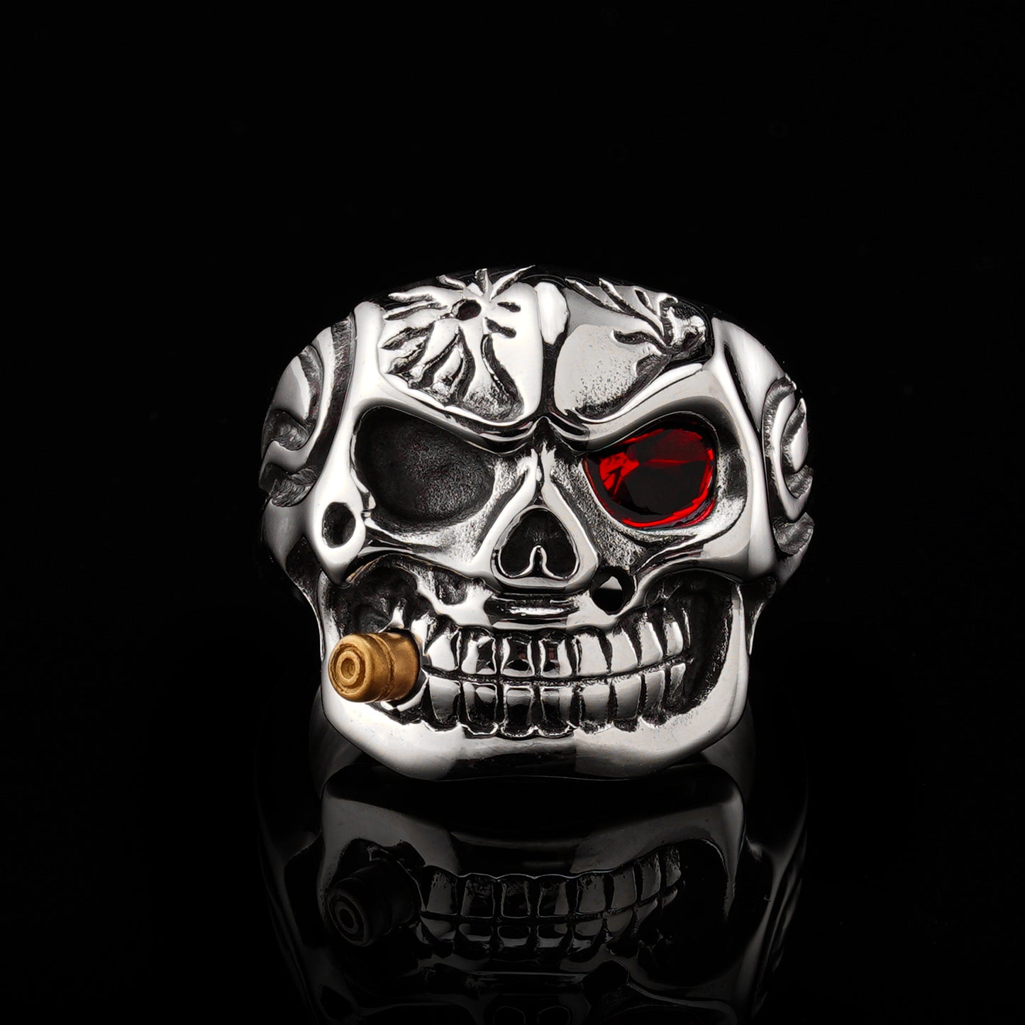 LABR Vintage Titanium Steel Cigar Skull Ring (Red Zircon)