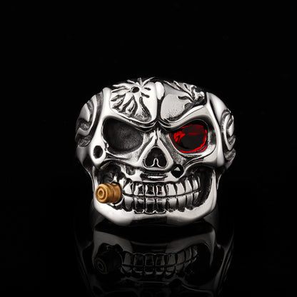 LABR Vintage Titanium Steel Cigar Skull Ring (Red Zircon)