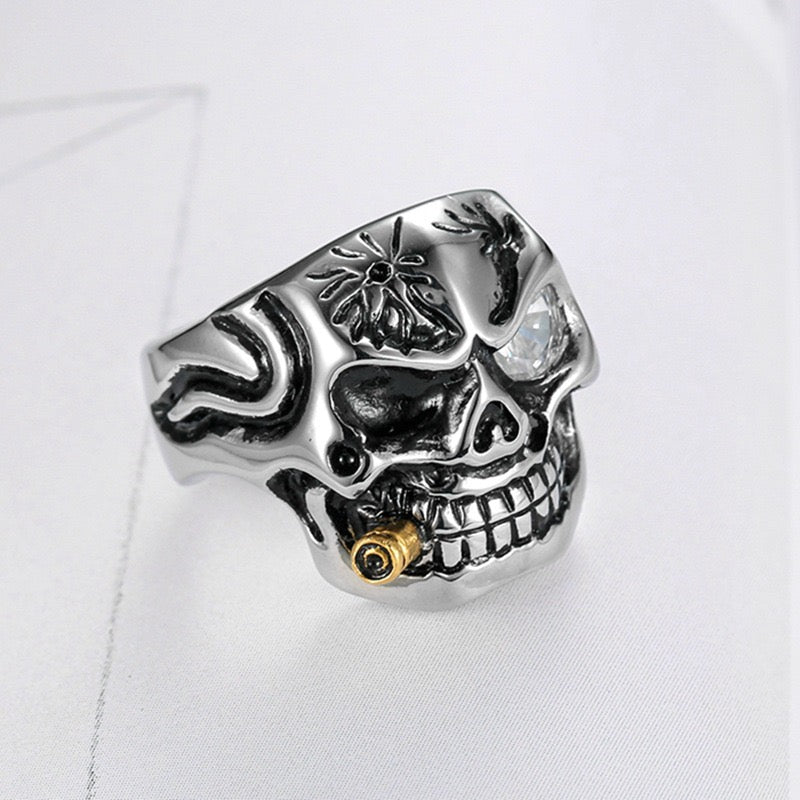 LABR Vintage Titanium Steel Cigar Skull Ring (Clear Zircon)