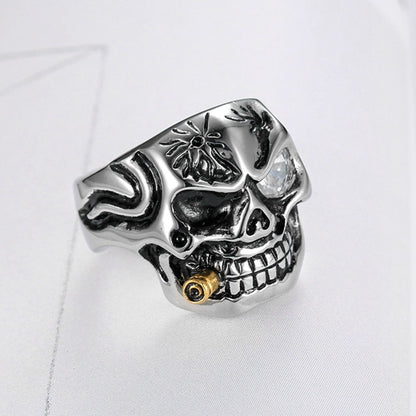 LABR Vintage Titanium Steel Cigar Skull Ring (Clear Zircon)