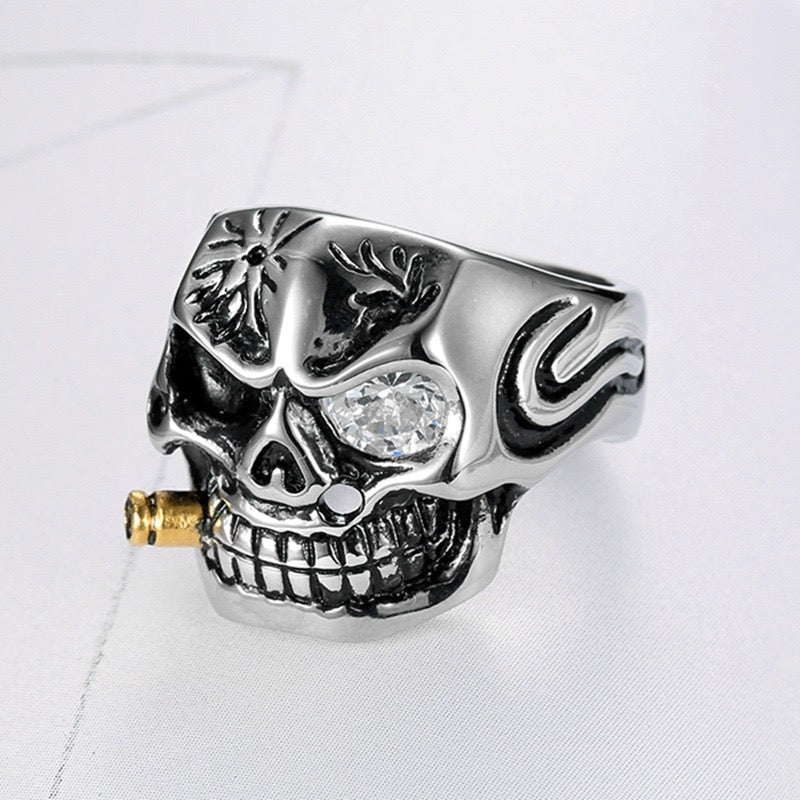 LABR Vintage Titanium Steel Cigar Skull Ring (Clear Zircon)