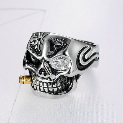 LABR Vintage Titanium Steel Cigar Skull Ring (Clear Zircon)