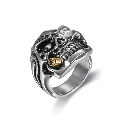 LABR Vintage Titanium Steel Cigar Skull Ring (Clear Zircon)