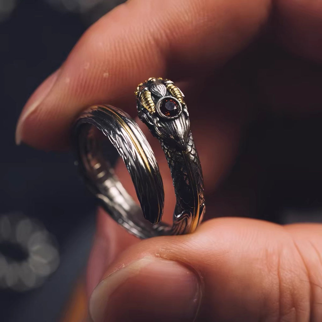 Adjustable 925 sterling silver ring with handmade gold accents and gemstone design