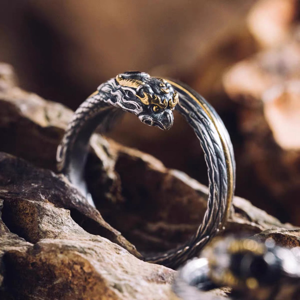 Phoenix Tail inspired 925 sterling silver ring with handmade gold overlay and garnet stone